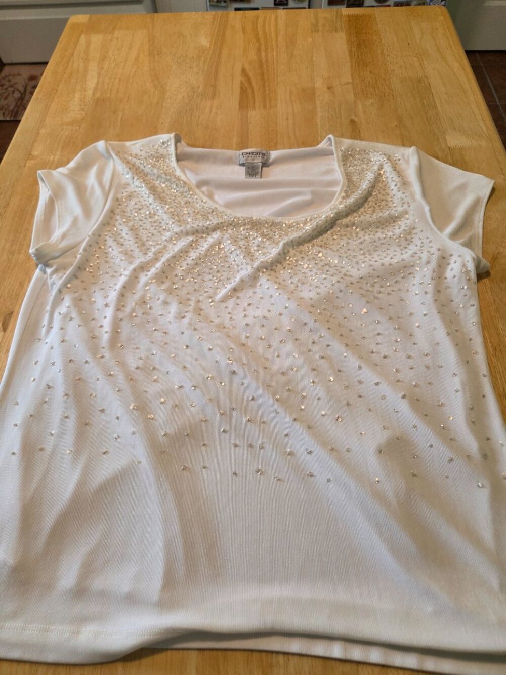 Chicos Traveler Ivory White Ombre Sequin Short Sleeve Blouse Size 3/XL/16 - Picture 2 of 7